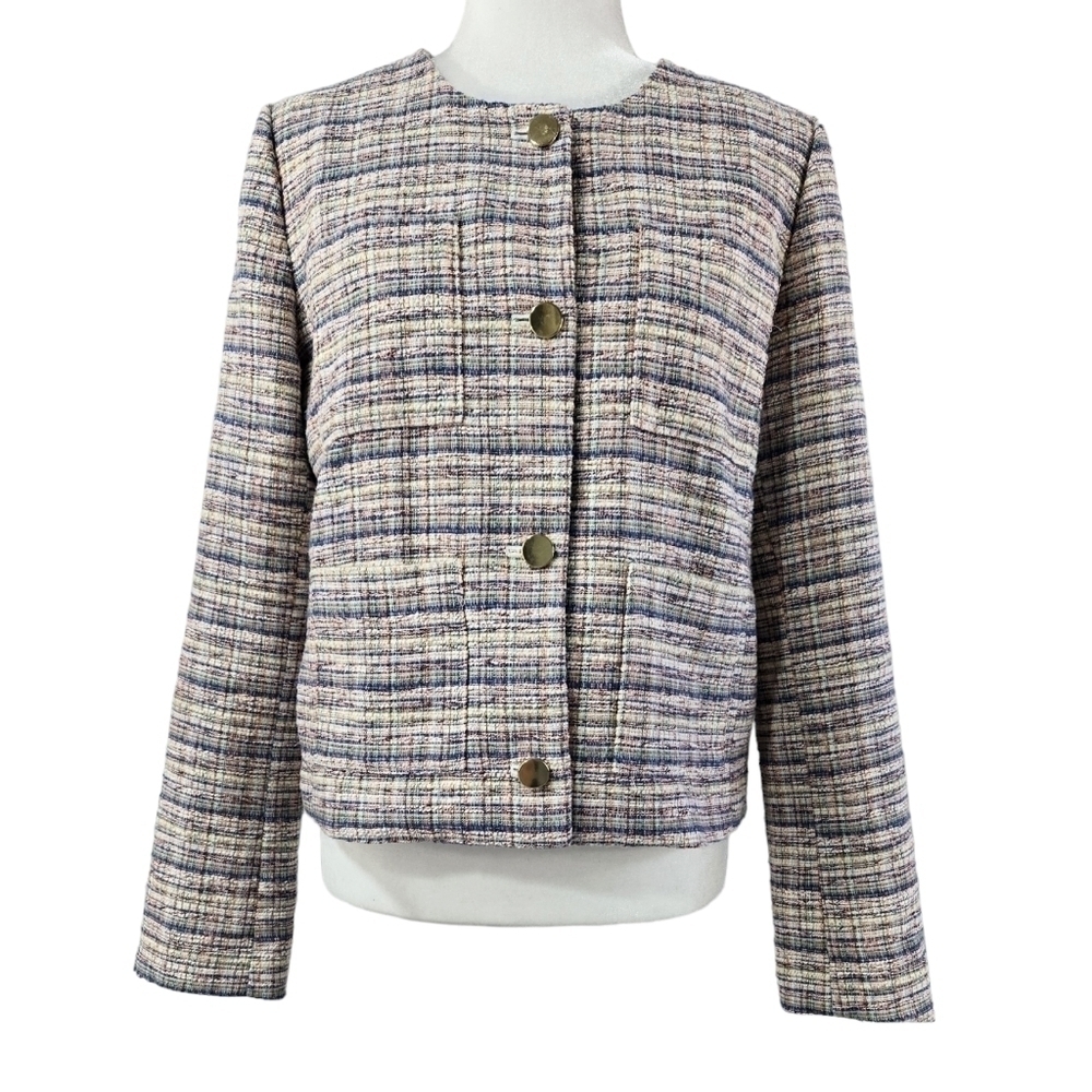 Halogen Multicolor Tweed Collarless Button-Up Blazer 4 Pockets Career Preppy